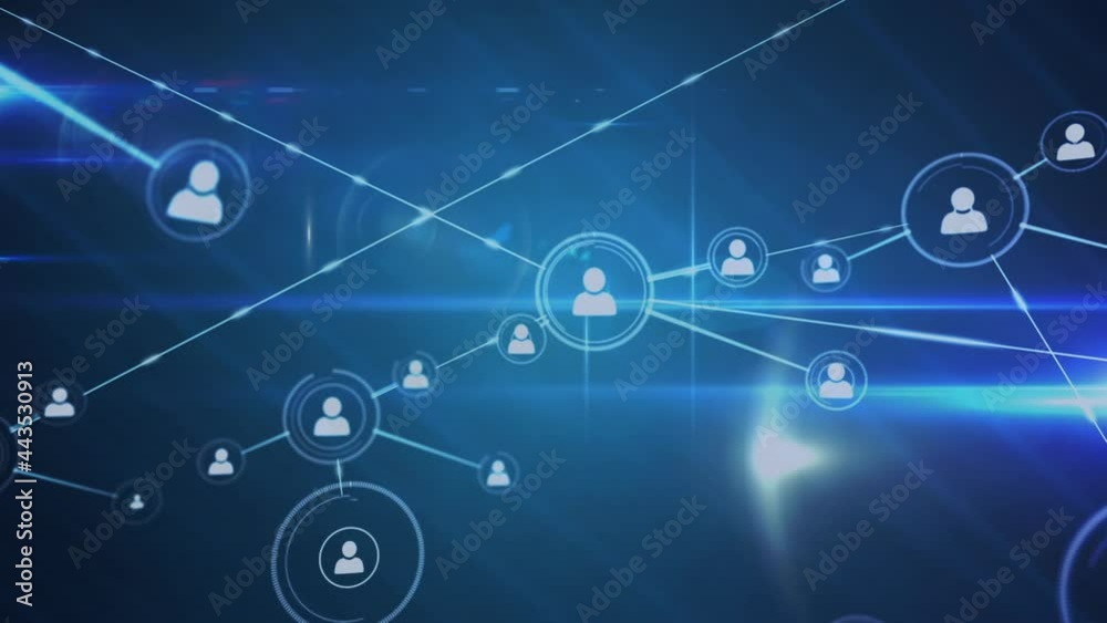 Animation of network of connections with icons on dark background