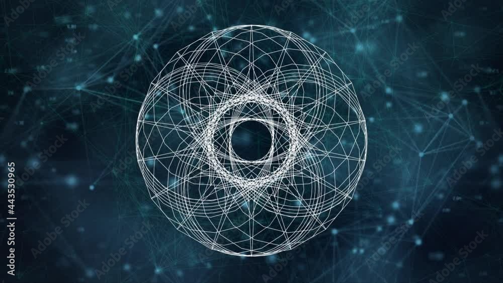 Animation of white geometry rotating, over network of connections on black background