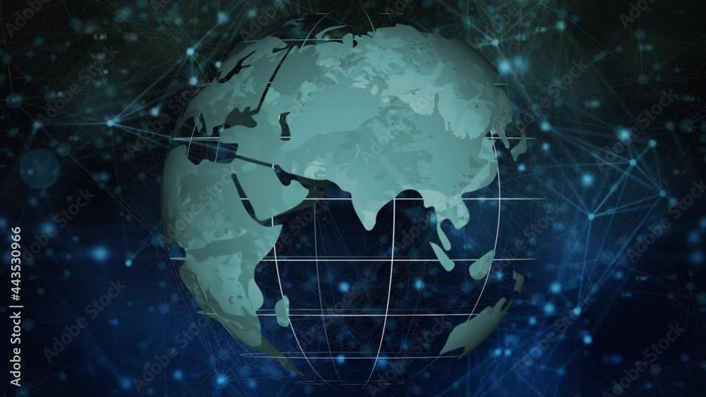 Animation of globe rotating, over network of connections on black background Animation of globe rotating, over network of connections on black background