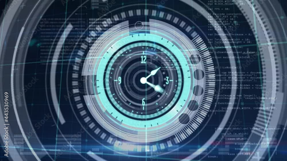Animation of clock and safe lock rotating, over data processing on black background Animation of clock and safe lock rotating, over data processing on black background