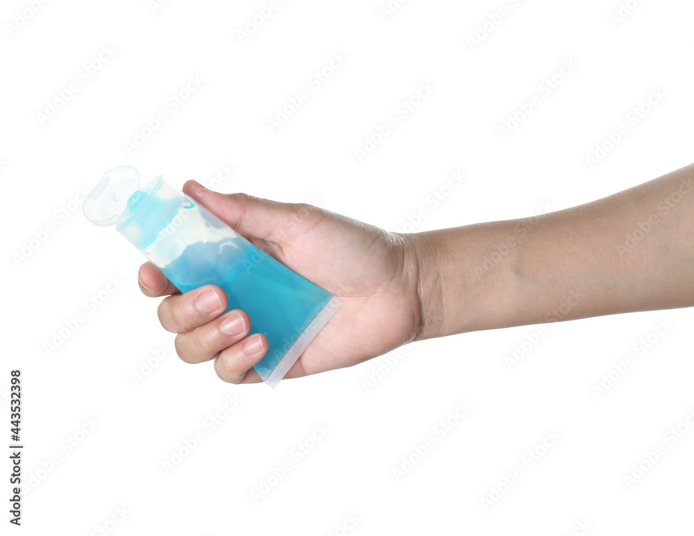 woman using antibacterial hand sanitizer spray on white background woman using antibacterial hand sanitizer spray on white background