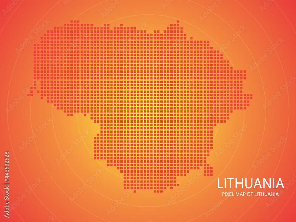 Orange pixel map of Lithuania on orange background. Vector illustration.