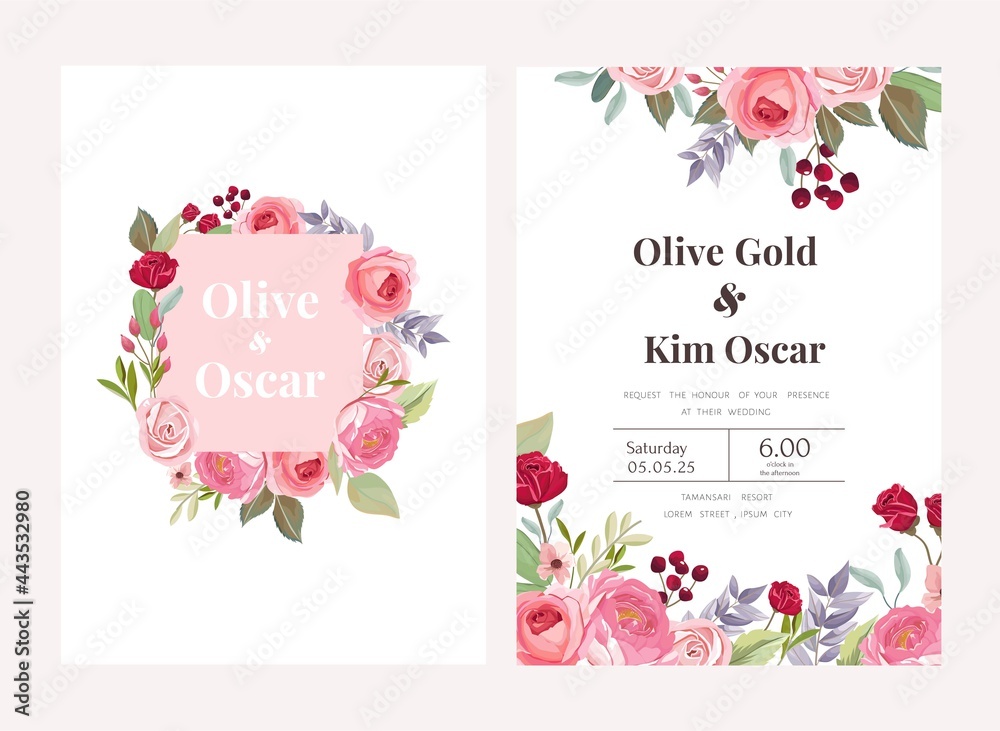 Pink floral theme wedding card invitation collection Pink floral theme wedding card invitation collection