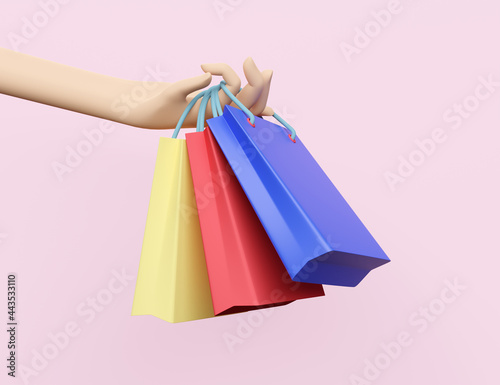 Character cartoon woman hand holding colorful shopping paper bags isolated on pink background ,3d illustration or 3d render