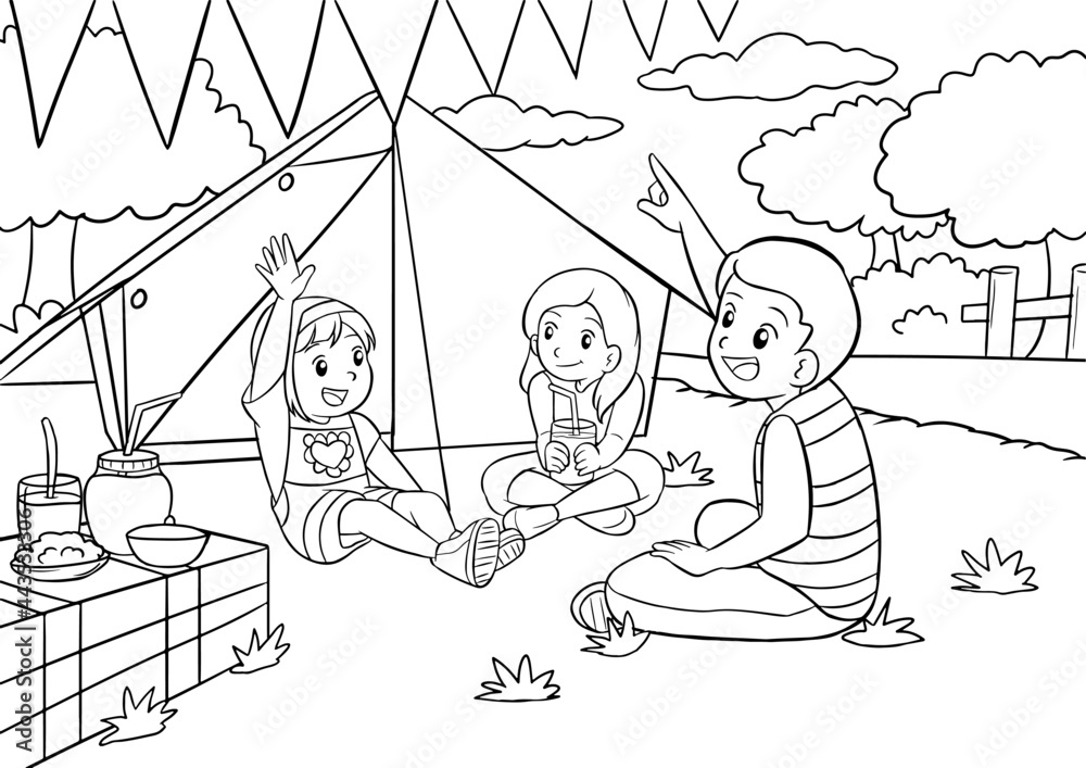 Stockvector Kids Coloring Pages with Cheerful Kids Camping and Play
