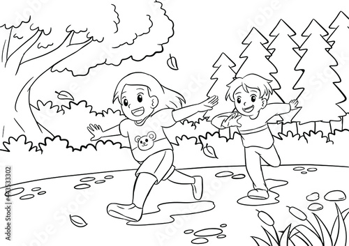 Kids Coloring Pages with Bro and Sister Playing Outside Together Black And White Vector Illustration for Coloring Book