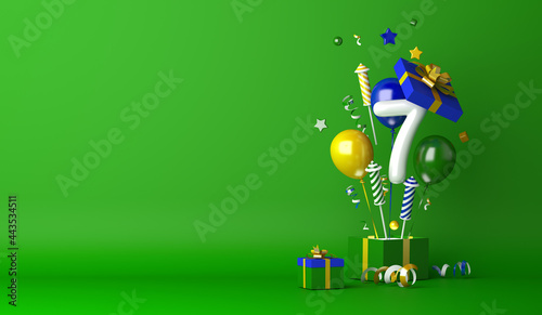 Brazil independence day decoration background with 7 balloon number, opened gift box, firework rocket, confetti, copy space text, 3D rendering illustration