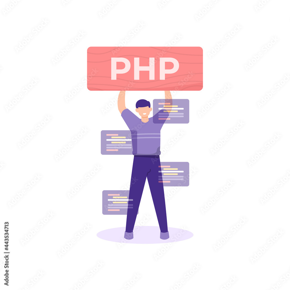 illustration of a man holding a board that says PHP. concept of a programmer, website developer, web builder, freelancer. job vacancy. flat cartoon style. vector design