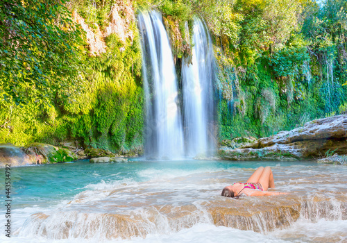 Deep forest Waterfall - Kursunlu  waterfall with surface in shallow water - Antalya  Turkey