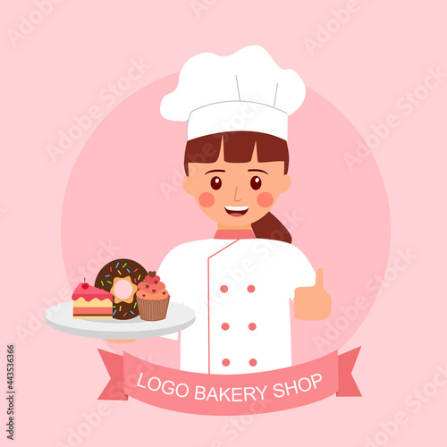 Cute bakery chef girl smiling cartoon holding strawberry cake, chocolate donut and cupcake in flat design. Design for logo bakery shop template.