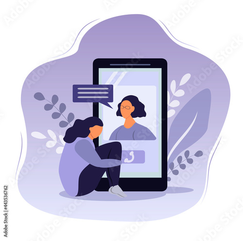 vector illustration on the theme of psychological help online. the girl sits at home , the psychologist consults her from the smartphone screen. trend illustration in flat style