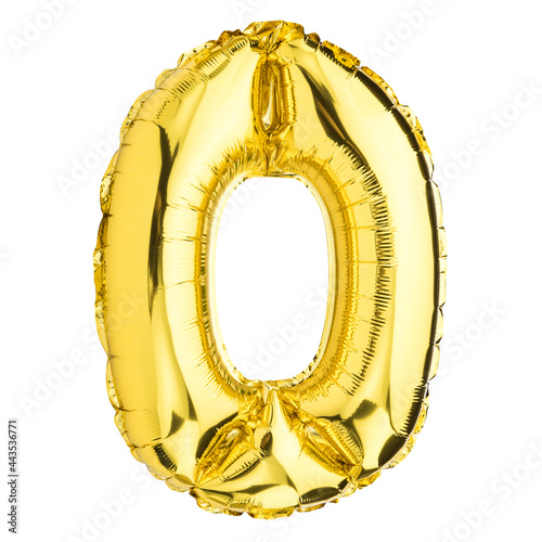 Zero 0 balloon. Helium balloon. Golden foil color. Number or letter O. Good for Party, Birthday greeting card, Sale, Advertising, Anniversary. High resolution photo. Isolated on white background.