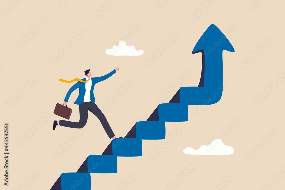 Improvement or career growth, stairway to success, growing income or improve skill to achieve business target concept, confidence businessman step walking up stair of success with rising up arrow. - obrazy, fototapety, plakaty 