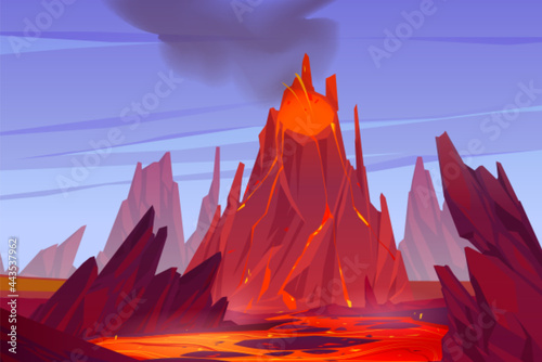 Volcanic eruption illustration. Volcano erupts with hot lava, fire and clouds of smoke, ash and gases. Vector cartoon landscape with rocks, mountain with crater and flow magma at sunset