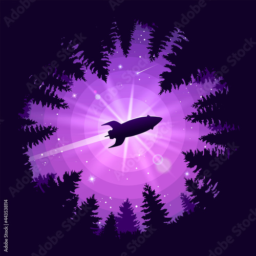 The rocket flies over the forest. The spaceship takes off with fire. Illustration for cover, advertisement, banner or puzzles. Theme or wallpaper for your phone. Stock vector illustration. EPS 10
