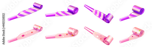 Party horn blowers with color stripes and dots for birthday celebration. Vector realistic 3d set of purple and pink whistles, noisemakers isolated on white background