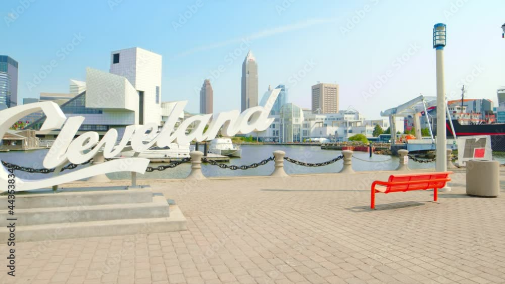 Cleveland Script Sign and Skyline at Voinovich Park in Cleveland Ohio