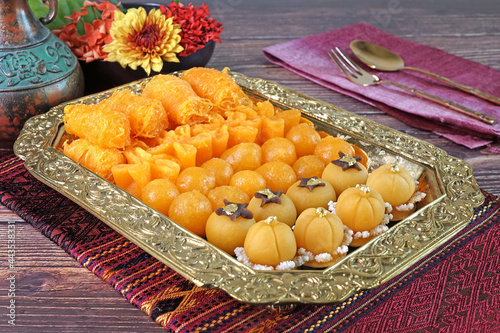 Fototapeta Naklejka Na Ścianę i Meble -  Thai auspicious food, Royal Thai cuisine : Five mixed Thai Golden sweetmeat (Sa Ne Jan, DaraThong, Thong yib, Thong yod and Foi Thong) , Famous Thai auspicious desserts