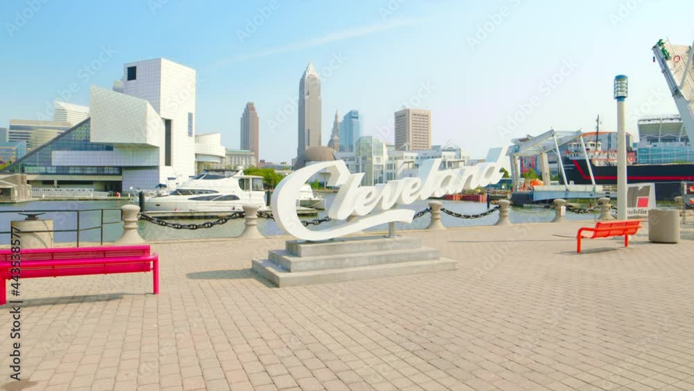 Cleveland Script Sign and Skyline at Voinovich Park in Cleveland Ohio