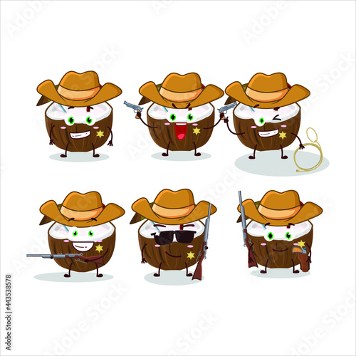 Cool cowboy coconut drink cartoon character with a cute hat. Vector illustration