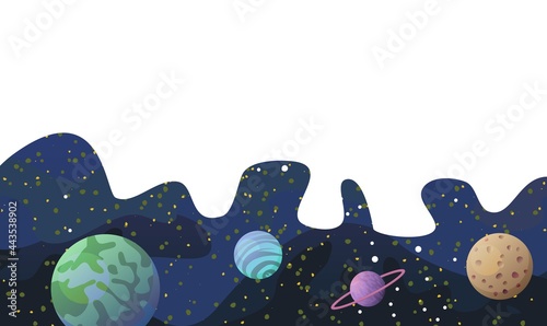 Cosmos background. Starry sky landscape. Bottom frame. Planets and their satellites. Flat style. Cartoon design. Vector