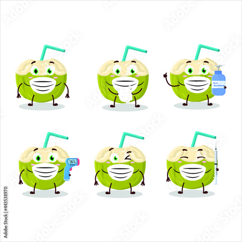 A picture of green coconut drink cartoon design style keep staying healthy during a pandemic. Vector illustration