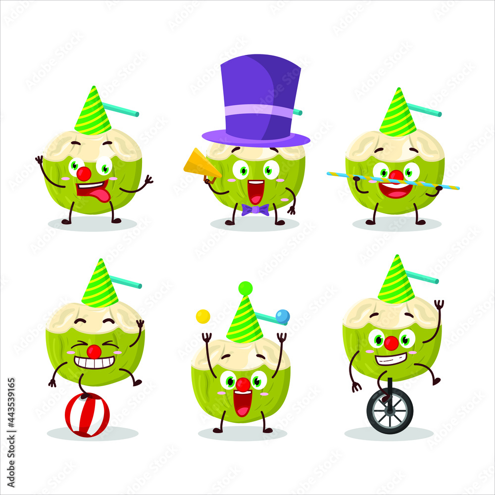 Fototapeta premium Cartoon character of green coconut drink with various circus shows. Vector illustration