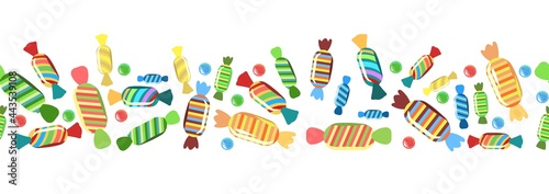 Sweets and scattered. Assorted lollipop dessert interspersed. Candy caramel wrapped. Bottom seamless border. Flat Background illustration. Vector