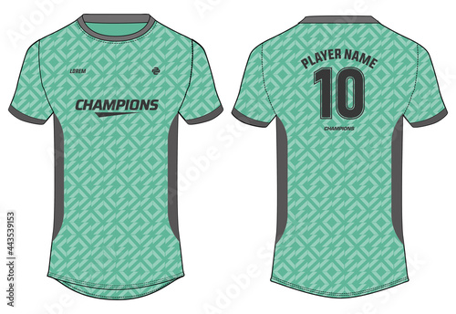 Sports jersey t shirt design concept vector template, geometric abstract printed Round neck football jersey concept with front and back view for Cricket, soccer, Volleyball and badminton uniform