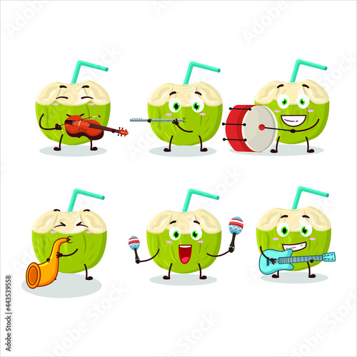 Cartoon character of green coconut drink playing some musical instruments. Vector illustration