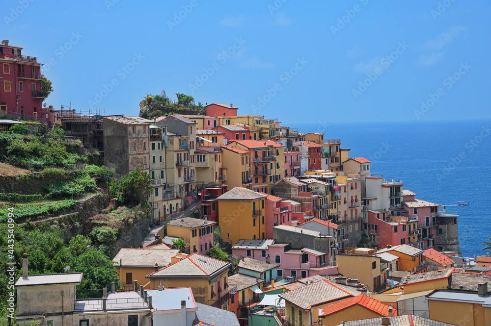 High angle view of scenic Mediterranean town - Manarola, Cinque Terre, Italy