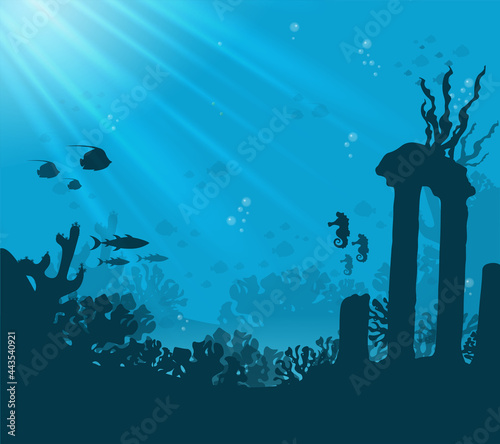 Silhouette of coral reef with fish and scuba diver on a blue sea background. Underwater marine wildlife. Nature vector illustration.