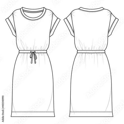 Short sleeve long oversized body knee length skirt For women’s.  fashion Dress design Overall Technical sketch vector template for ladies. Modern stylish dress design mock up.