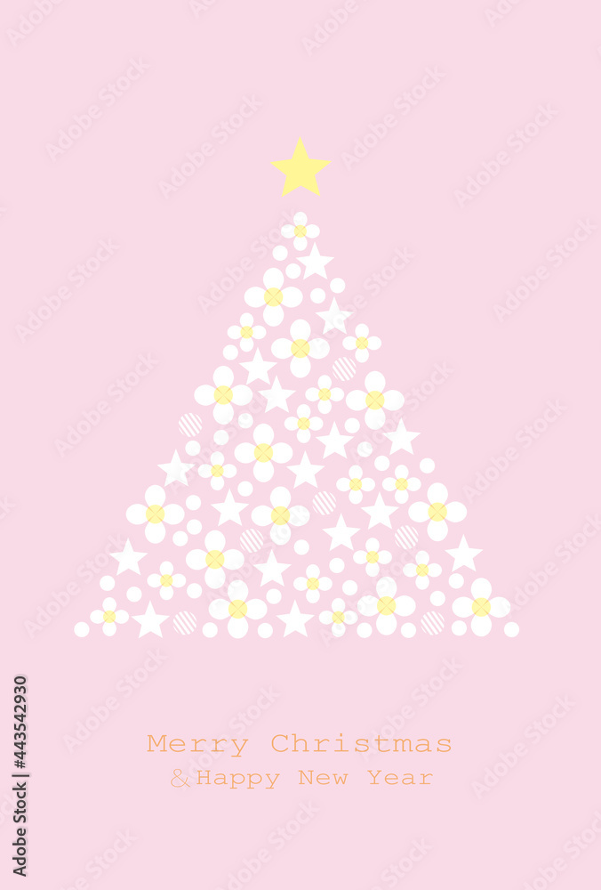 Christmas design card.MerryChristmas,and Happy New Year.Tree decorated with stars,flowers,and balls. Pink tree.Vector xmas illustration. Christmas design card.MerryChristmas,and Happy New Year.Tree decorated with stars,flowers,and balls. Pink tree.Vector xmas illustration.