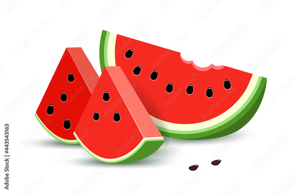 Half a watermelon and two slices with seeds, isolated on a white background. Half a watermelon and two slices with seeds, isolated on a white background.