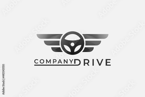 Vector car logo design. combination Steering wheel with wings symbol or icon. Unique rudder logotype design template