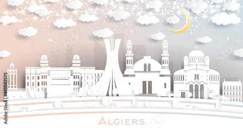 Algiers Algeria City Skyline in Paper Cut Style with White Buildings, Moon and Neon Garland.