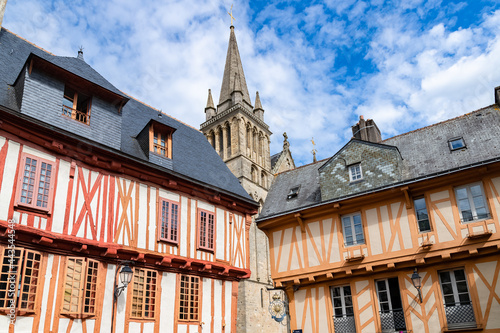 Vannes, beautiful city in Brittany, old half-timbered houses, colorful facades, with the cathedral 