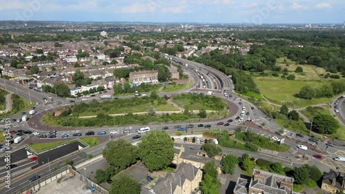 Green man roundabout Leytonstone East London Aerial footage busy with traffic photo