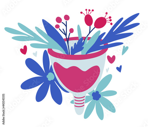 Menstrual cup with flowers. Zero waste concept. Women period. Intimate hygiene. Eco protection for woman in critical days. Vector illustration on white background.