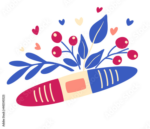 Pregnancy test with flowers. The concept of planning pregnancy and motherhood.  Mother's Day. For greeting cards, posters, t-shirt print, tags and labels. Vector illustration on white background.