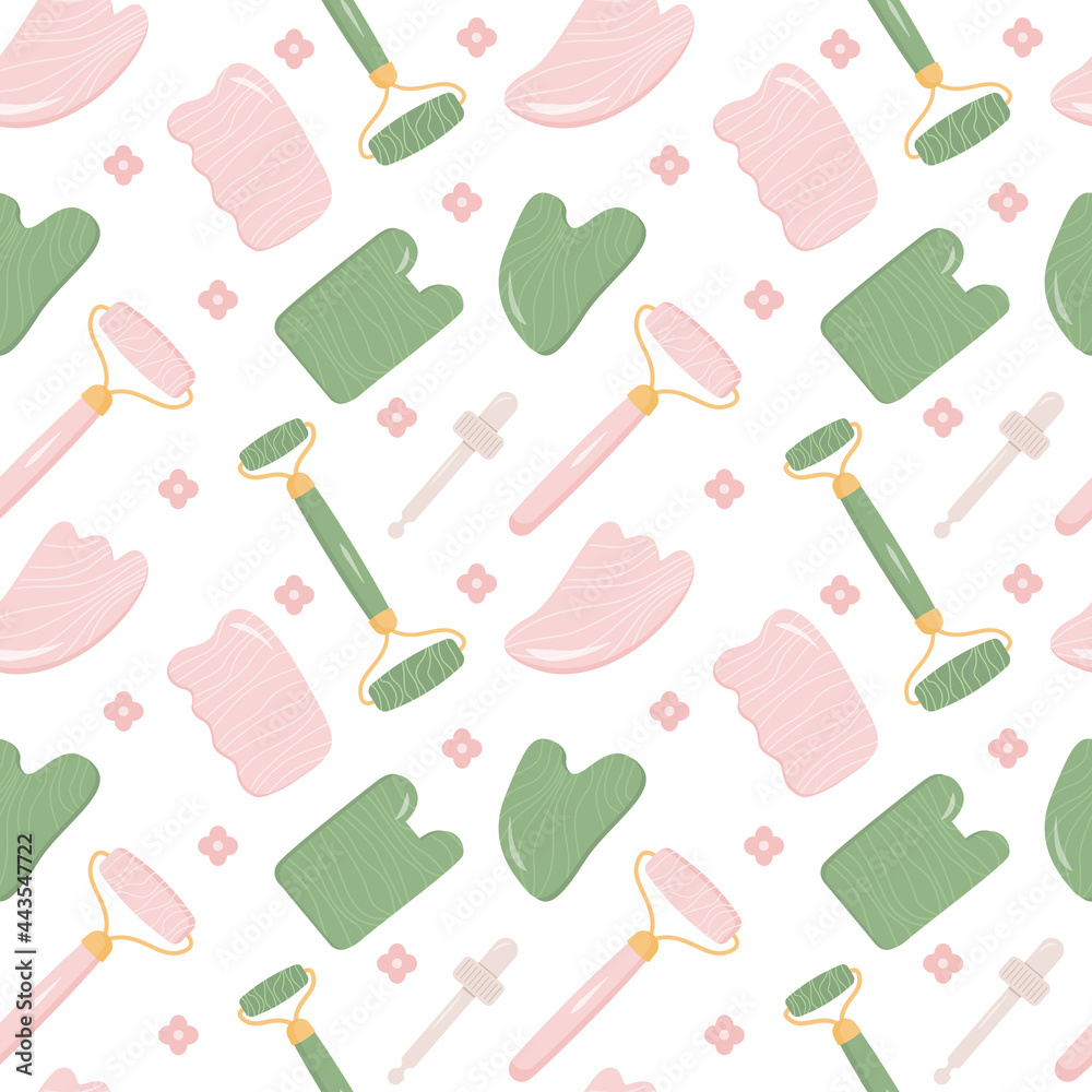 Seamless pattern with Rose Quartz Gua Sha and Jade Scraping Massage tool. Natural pink scraper and green stone roller in different shapes. Trendy skin care. Vector flat style background. Seamless pattern with Rose Quartz Gua Sha and Jade Scraping Massage tool. Natural pink scraper and green stone roller in different shapes. Trendy skin care. Vector flat style background.