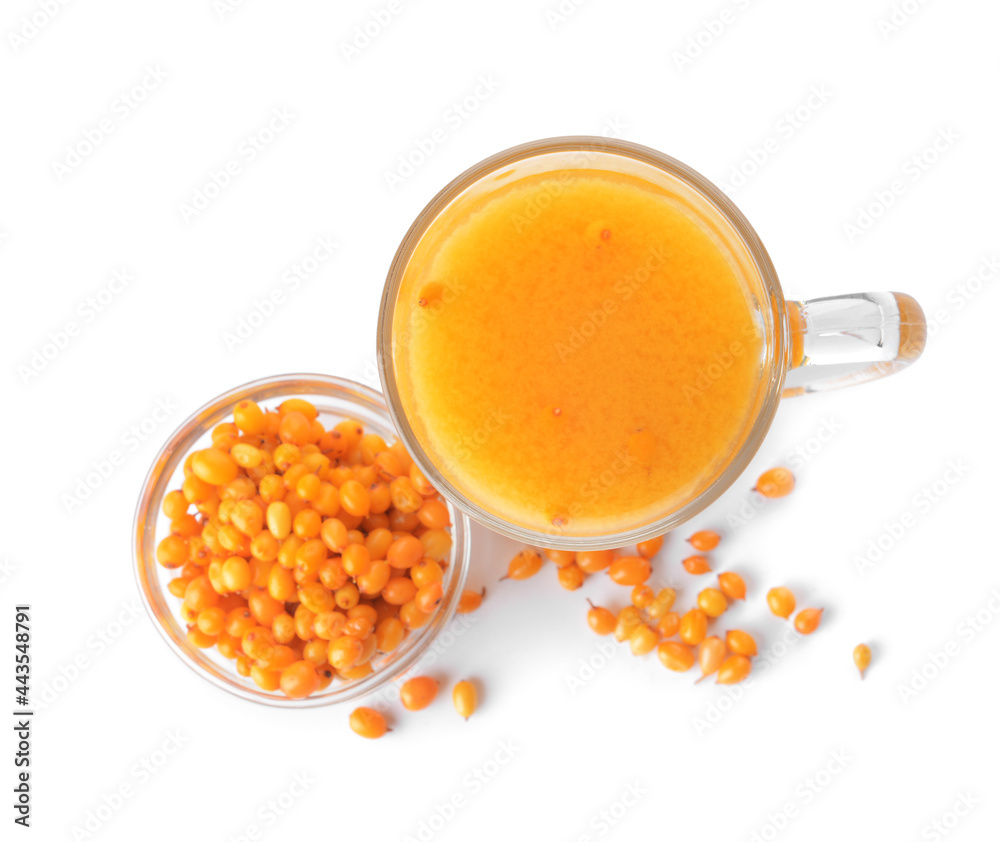 Cup of healthy sea buckthorn tea on white background Cup of healthy sea buckthorn tea on white background