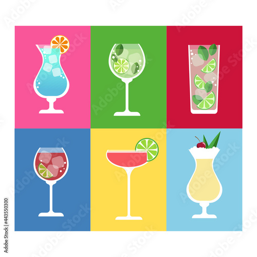 A set of flat vektor illustrations of cocktails. Pina colada, daiquiri, mojito, hugo, campari tonic, long island