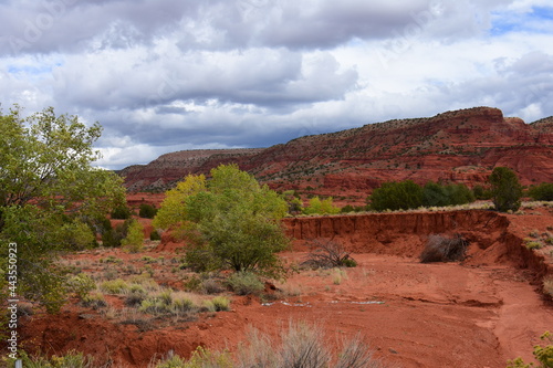 colorful red rock  desert wash and eroded hillside on a stormy fall day near jemez springs, new mexico  photo
