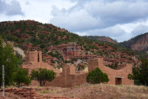 the archaeological remains of  a native american giusewa pueblo and spanish colonial mission at jemez historic site in jemez springs, new mexico
  photo