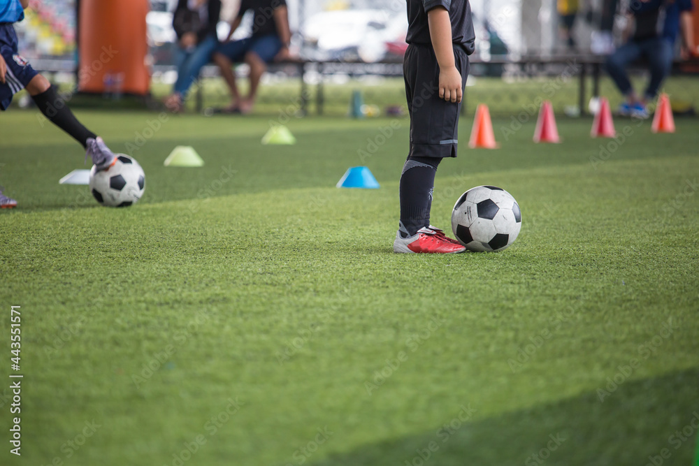 Boys Soccer ball tactics on grass field with cone Boys Soccer ball tactics on grass field with cone