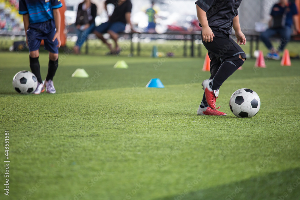 Boys Soccer ball tactics on grass field with cone Boys Soccer ball tactics on grass field with cone