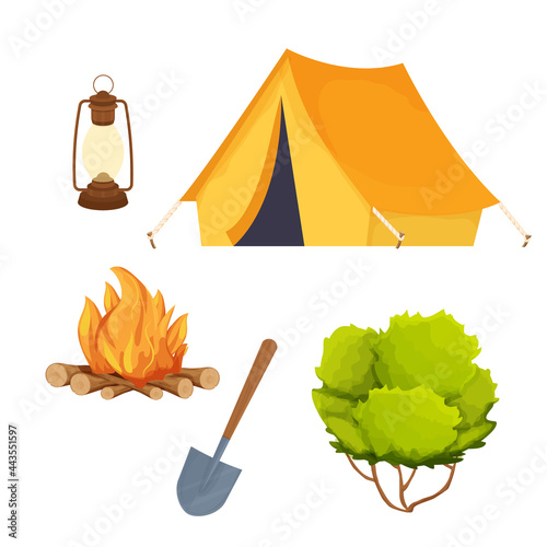 Set camping equipment campfire, tent, lantern, shovel and bush in cartoon style isolated on white background. Forest activity, vacation