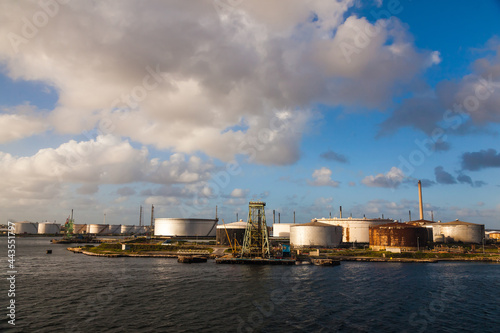 Oil harbor. Refinery and oil storage on the shore of the Gulf of Curacao, Dutch Antilles.